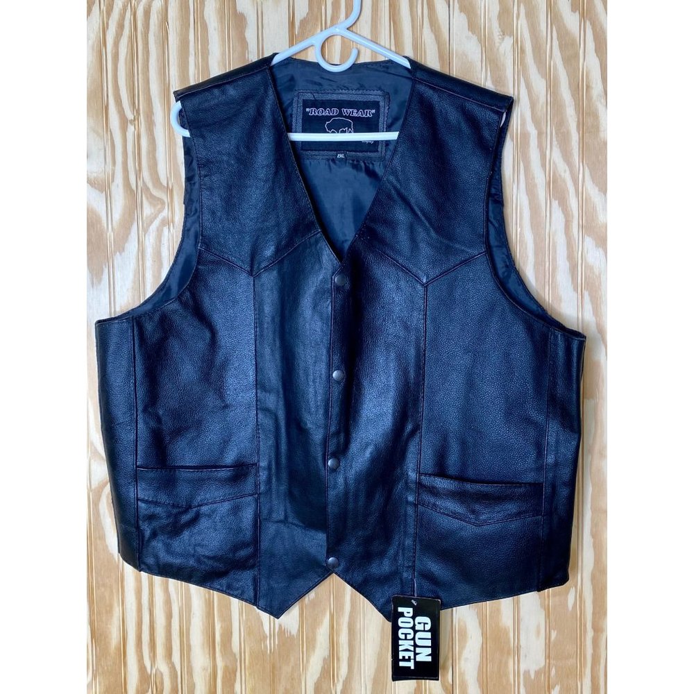 Buffalo Outdoors Road Wear Black Leather Vest Black 2XL V-Neck Gun Pocket